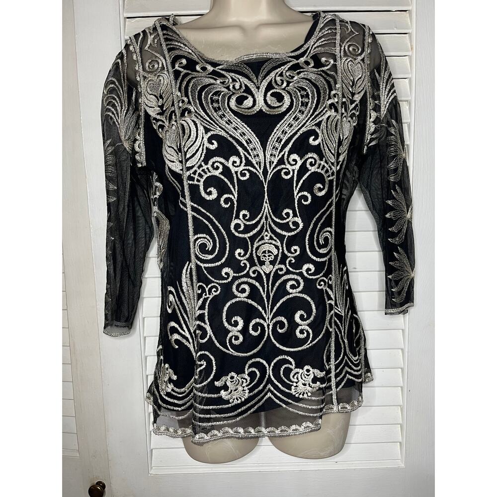Ultra‎ Pink black mesh with gold embroidery and cami top Small Party cocktail